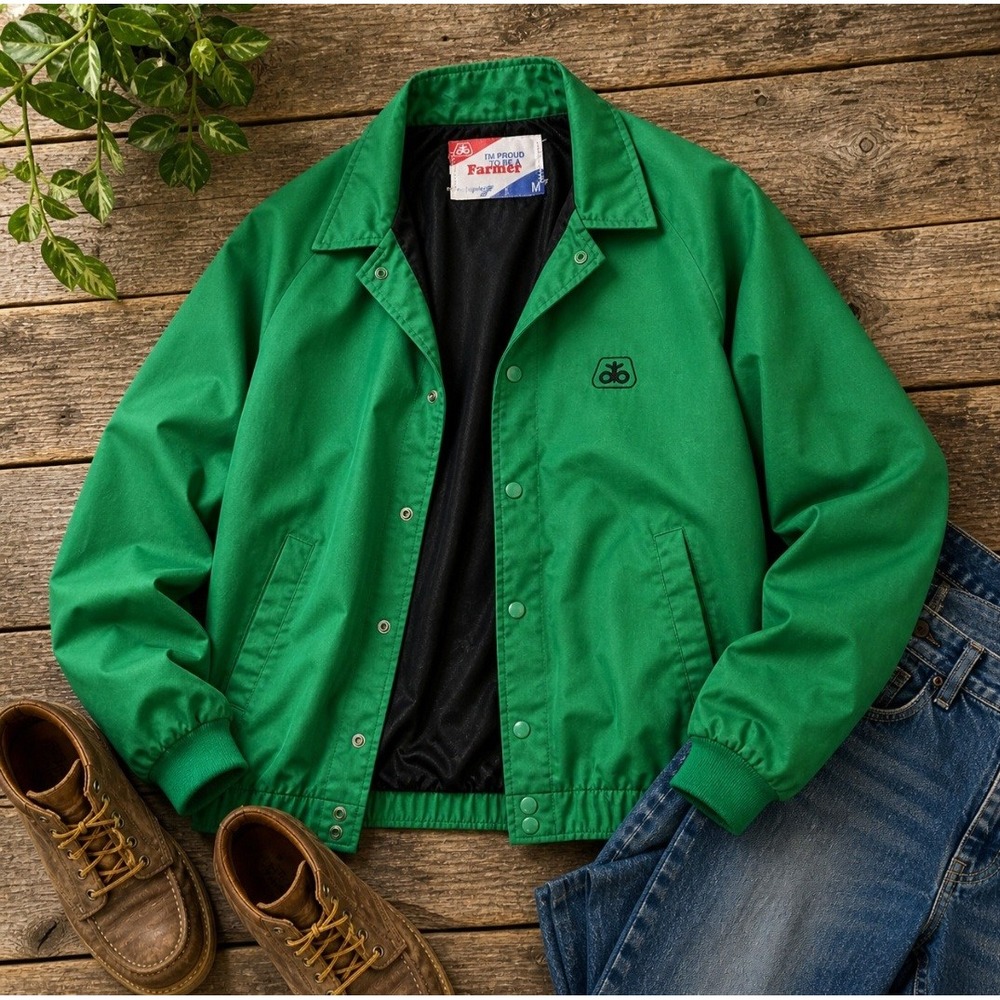 Vintage Pioneer Seed Corn Swingster Jacket Green Snap Front Coach Farm Ag USA M